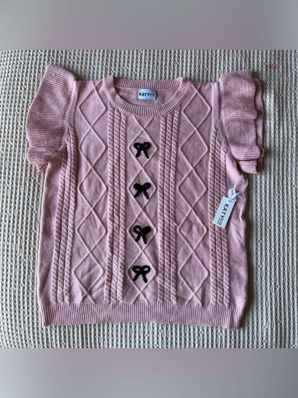 Katydid Pink Cable-Knit Short Sleeve Sweater with Black Bow Accents NWT